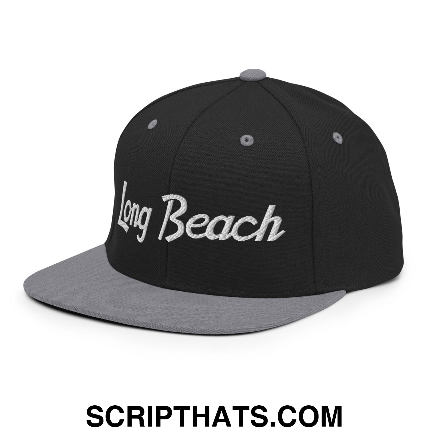 Long Beach Vintage Sports Script Embroidered Flat Bill Brim Snapback Hat Black Silver