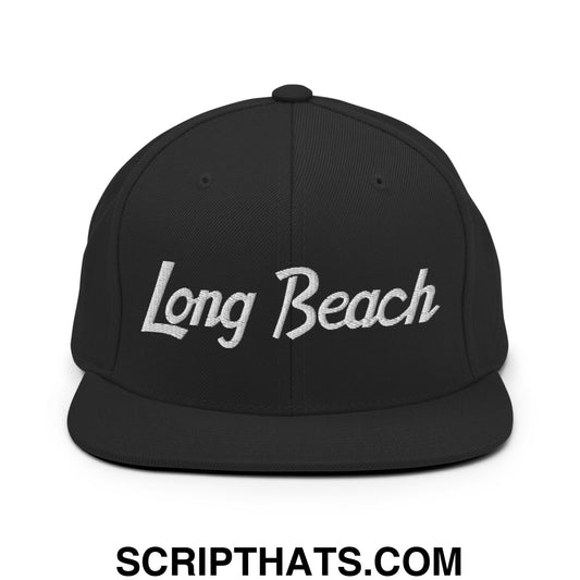 Long Beach Vintage Sports Script Embroidered Flat Bill Brim Snapback Hat Black