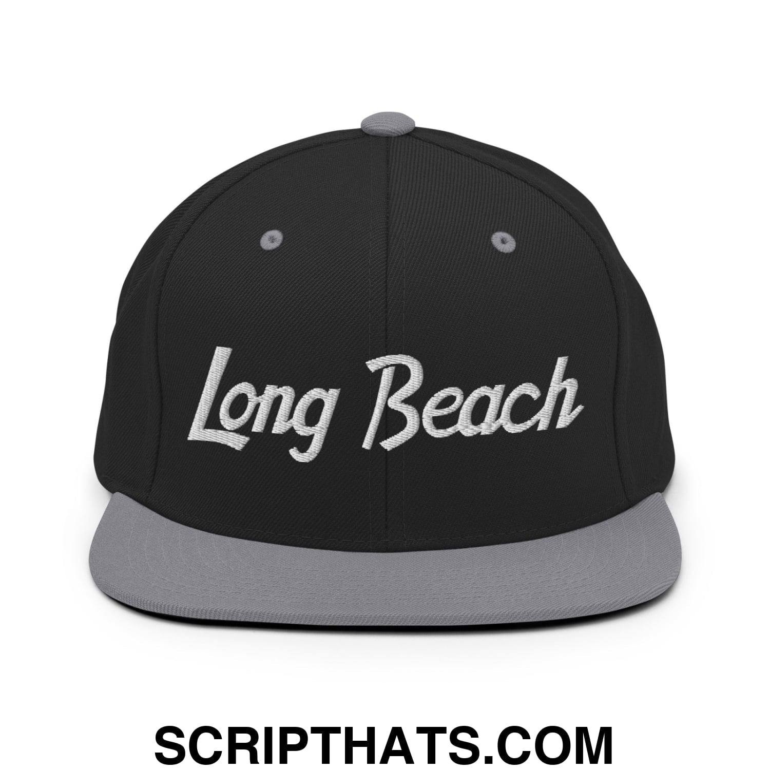 Long Beach Vintage Sports Script Embroidered Flat Bill Brim Snapback Hat Black Silver