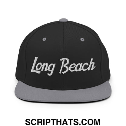 Long Beach Vintage Sports Script Embroidered Flat Bill Brim Snapback Hat Black Silver