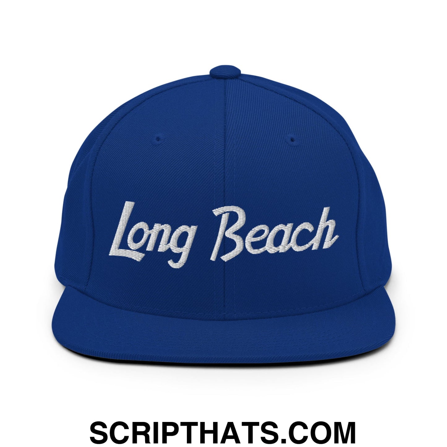 Long Beach Vintage Sports Script Embroidered Flat Bill Brim Snapback Hat Royal Blue