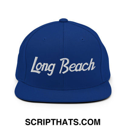 Long Beach Vintage Sports Script Embroidered Flat Bill Brim Snapback Hat Royal Blue