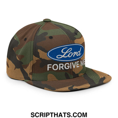 Lord Forgive Me Embroidered Flat Bill Brim Snapback Hat Green Camo