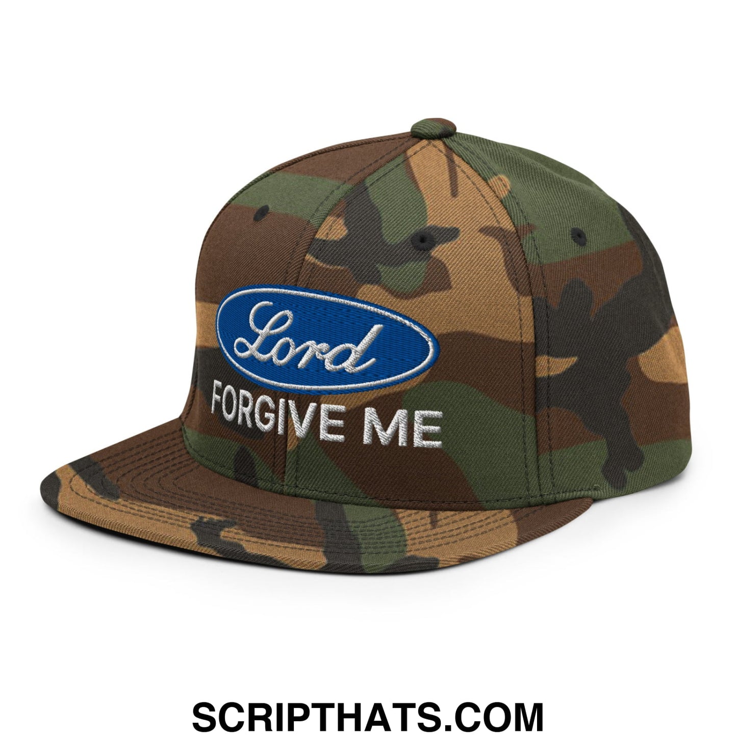 Lord Forgive Me Embroidered Flat Bill Brim Snapback Hat Green Camo