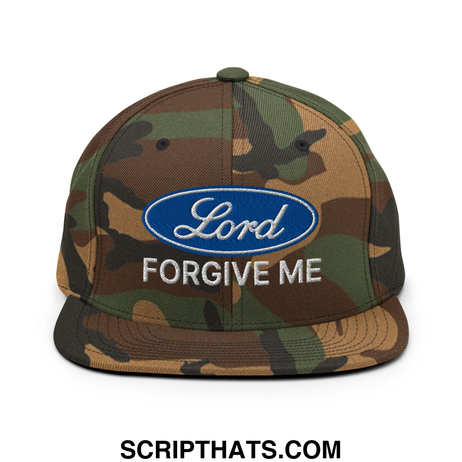 Lord Forgive Me Embroidered Flat Bill Brim Snapback Hat Green Camo
