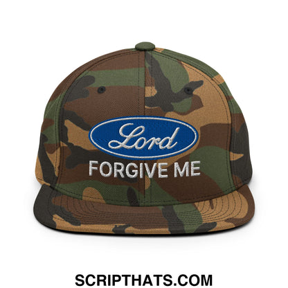Lord Forgive Me Embroidered Flat Bill Brim Snapback Hat Green Camo