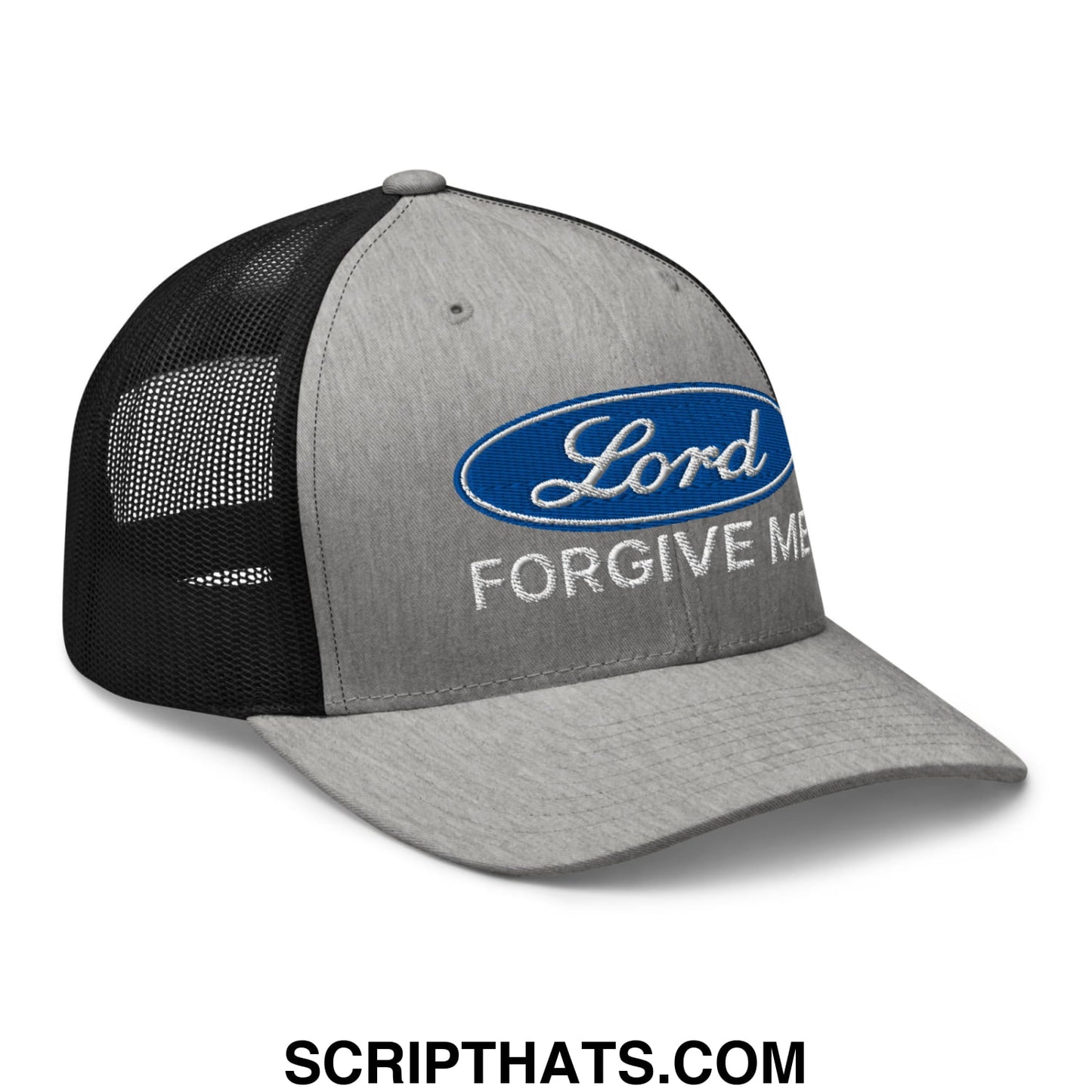 Lord Forgive Me Embroidered Mesh Trucker Hat Heather Black