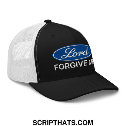 Lord Forgive Me Embroidered Mesh Trucker Hat Black White