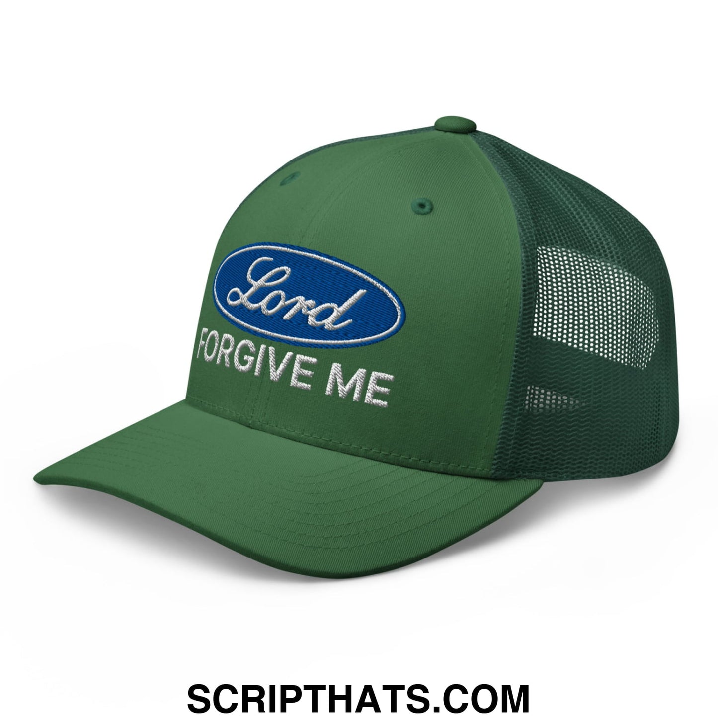 Lord Forgive Me Embroidered Mesh Trucker Hat Evergreen