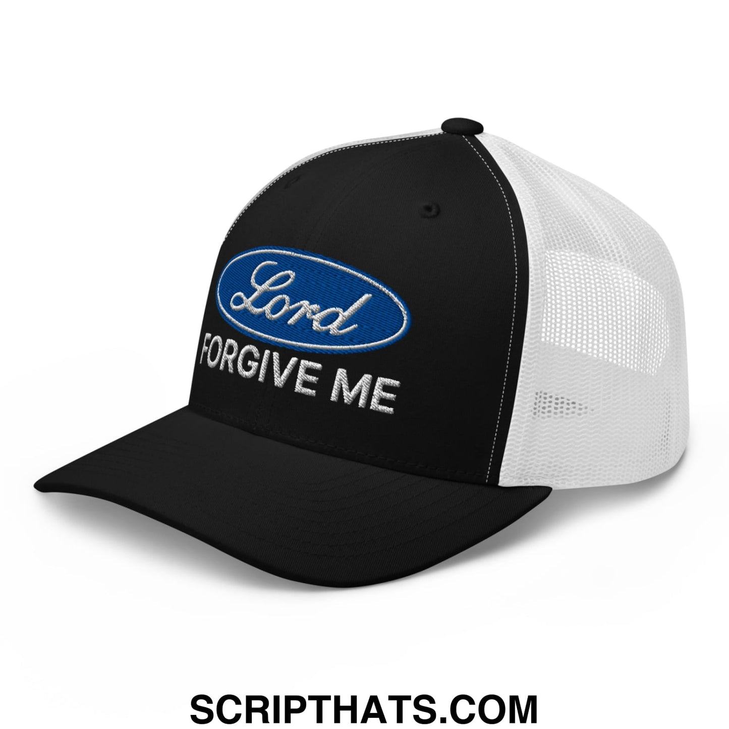 Lord Forgive Me Embroidered Mesh Trucker Hat Black White