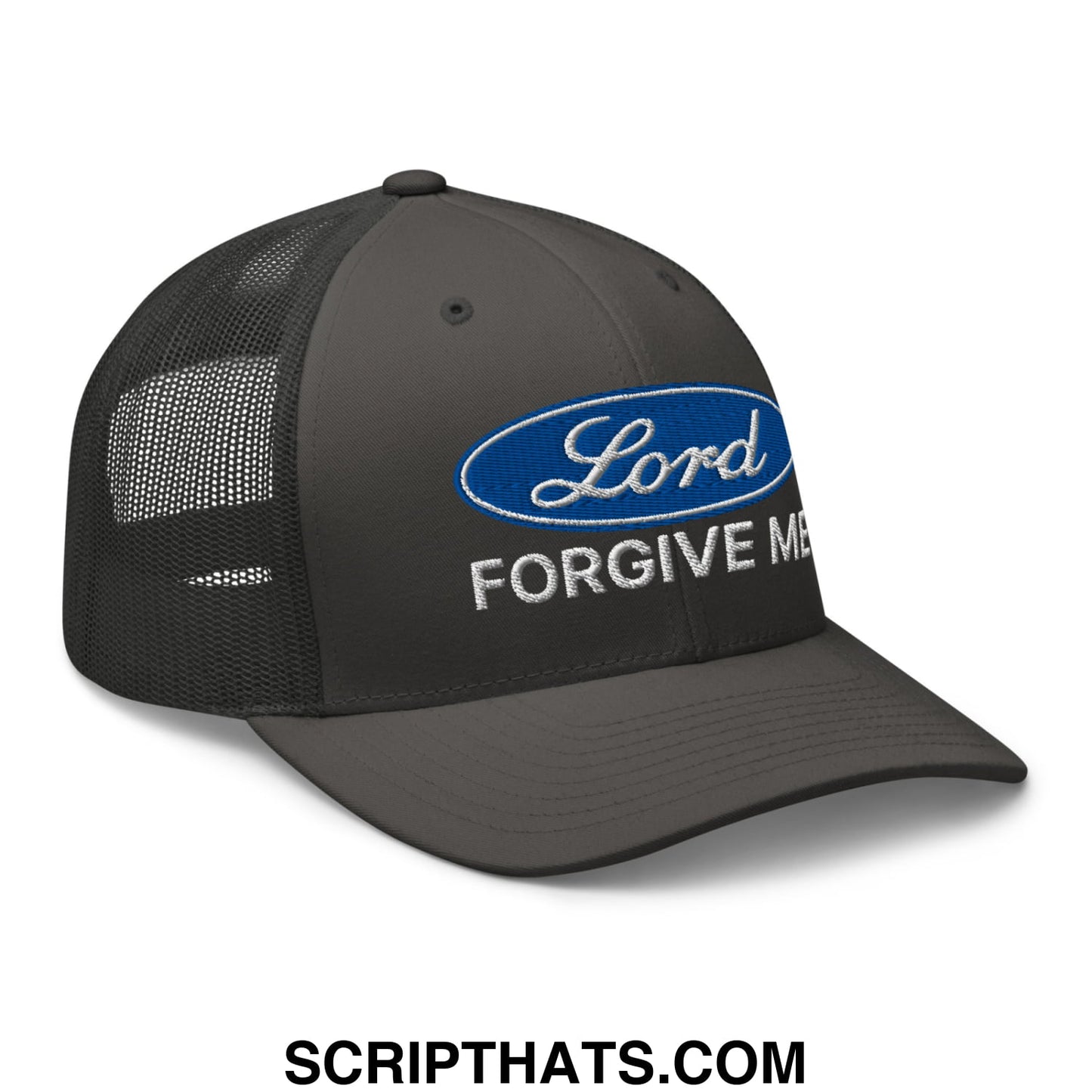 Lord Forgive Me Embroidered Mesh Trucker Hat Charcoal