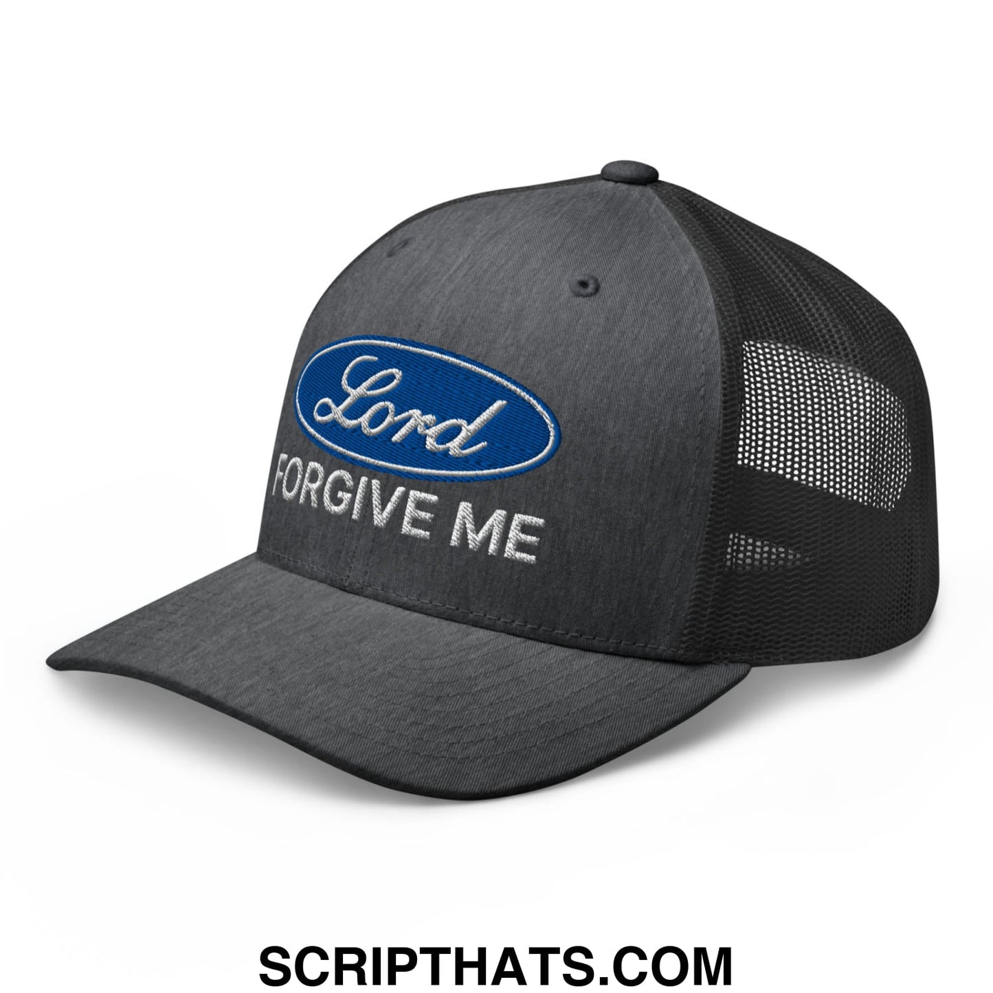 Lord Forgive Me Embroidered Mesh Trucker Hat Dark Heather Gray