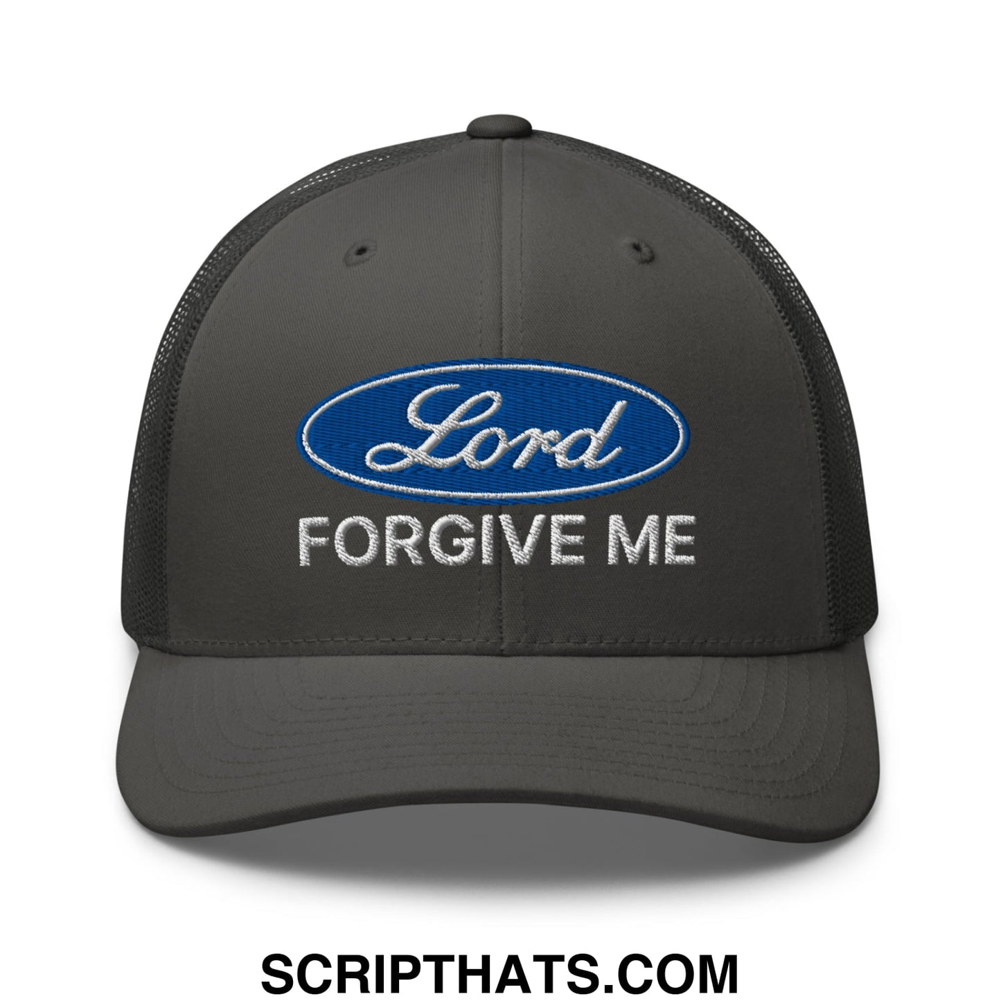 Lord Forgive Me Embroidered Mesh Trucker Hat Charcoal