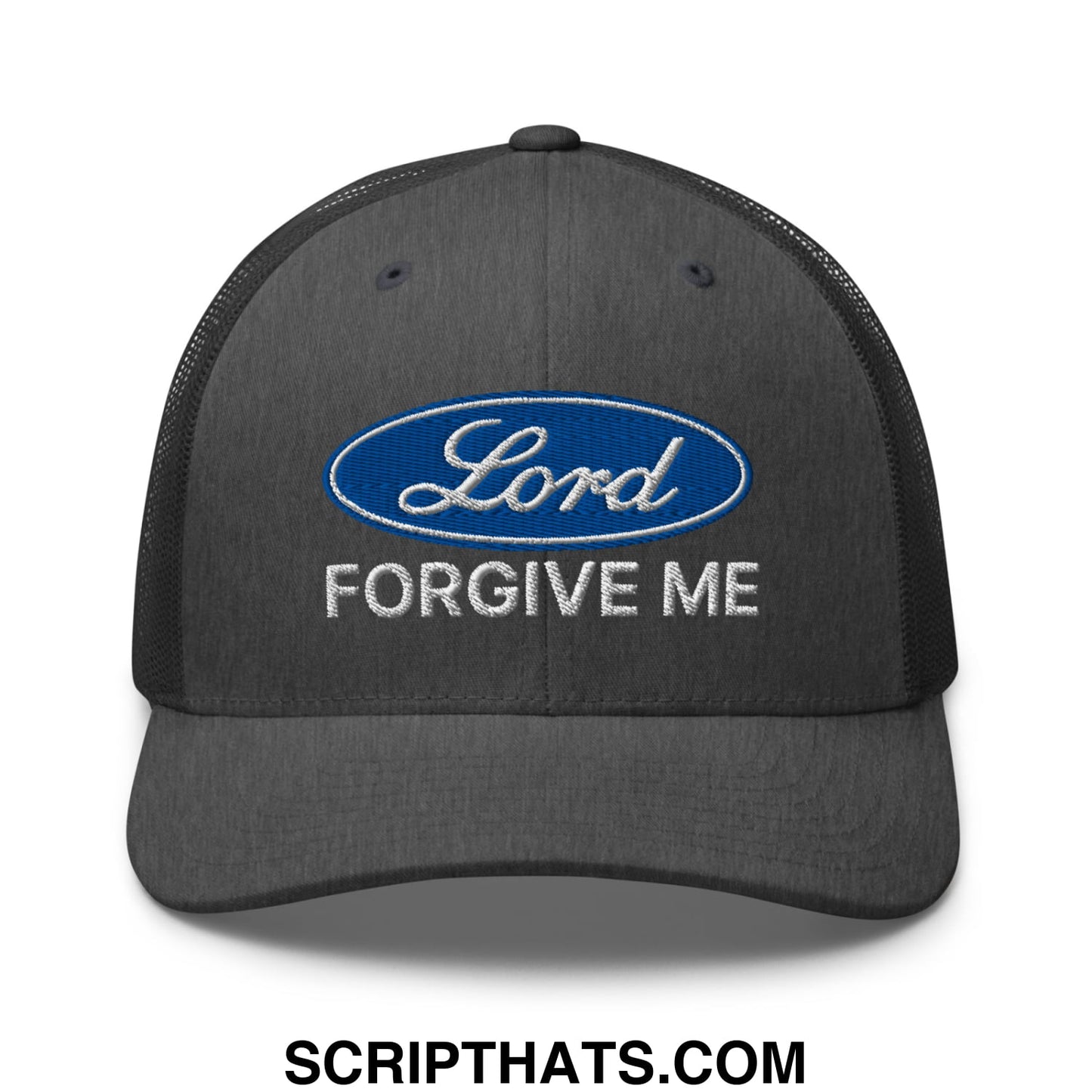 Lord Forgive Me Embroidered Mesh Trucker Hat Dark Heather Gray