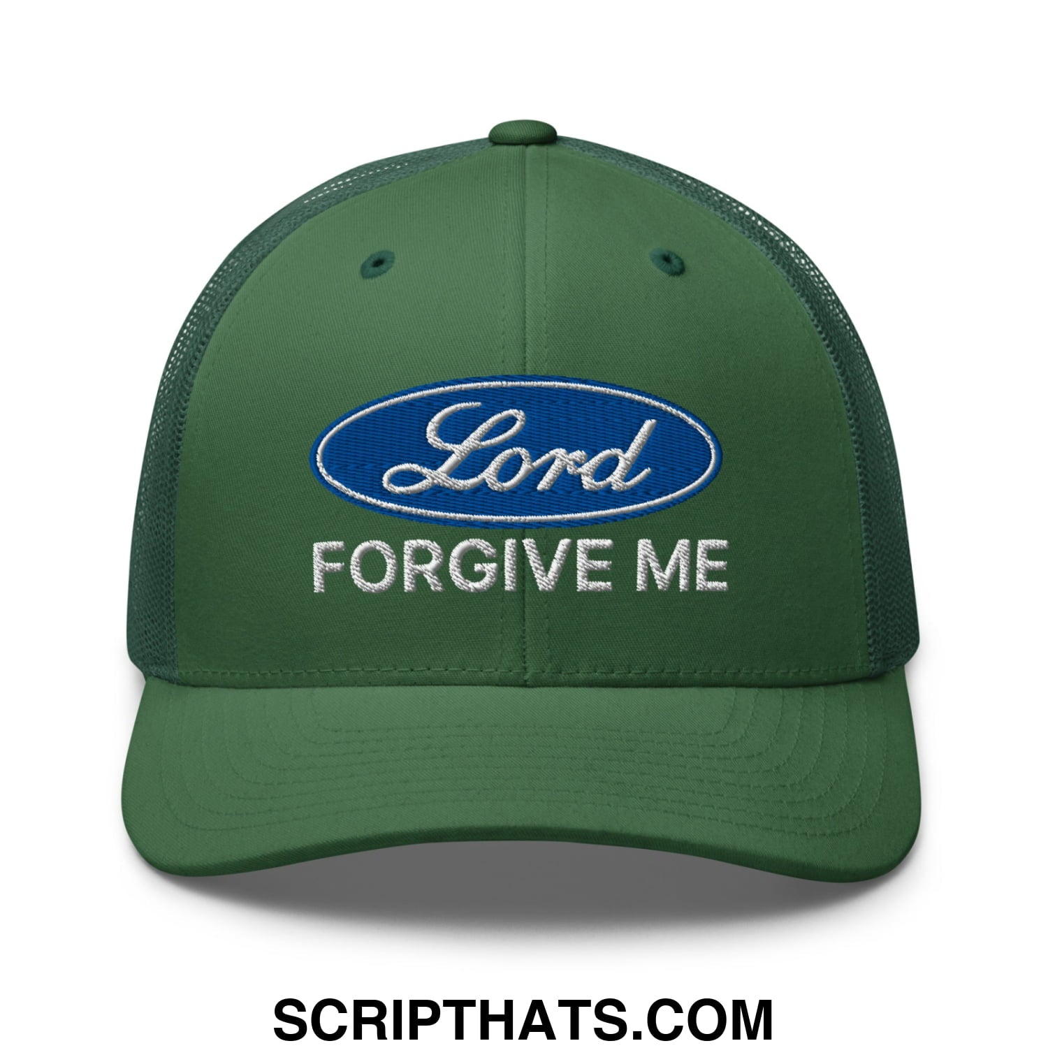 Lord Forgive Me Embroidered Mesh Trucker Hat Evergreen