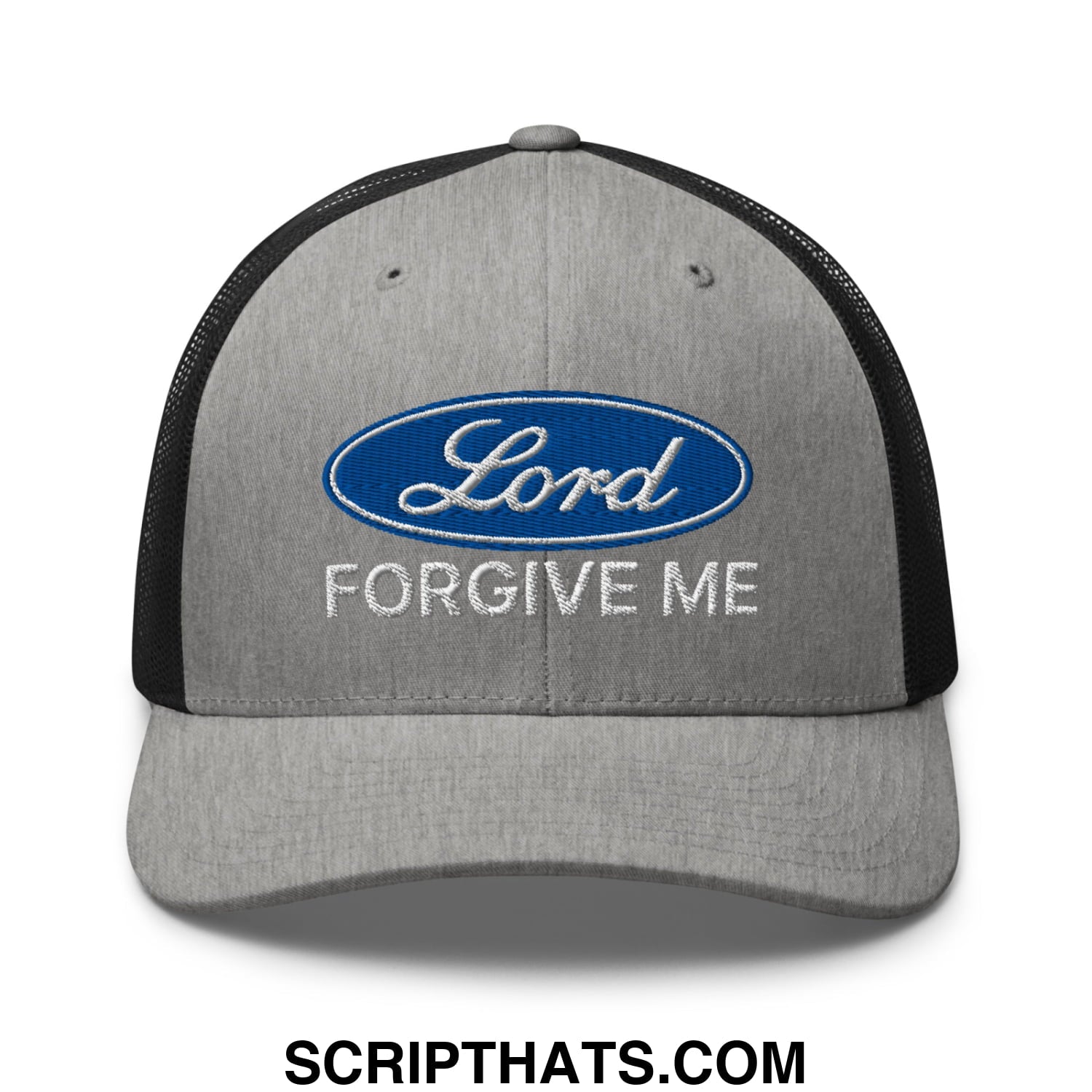 Lord Forgive Me Embroidered Mesh Trucker Hat Heather Black