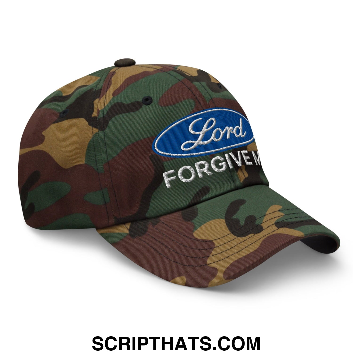 Lord Forgive Me Embroidered Unstructured Dad Hat Green Camo