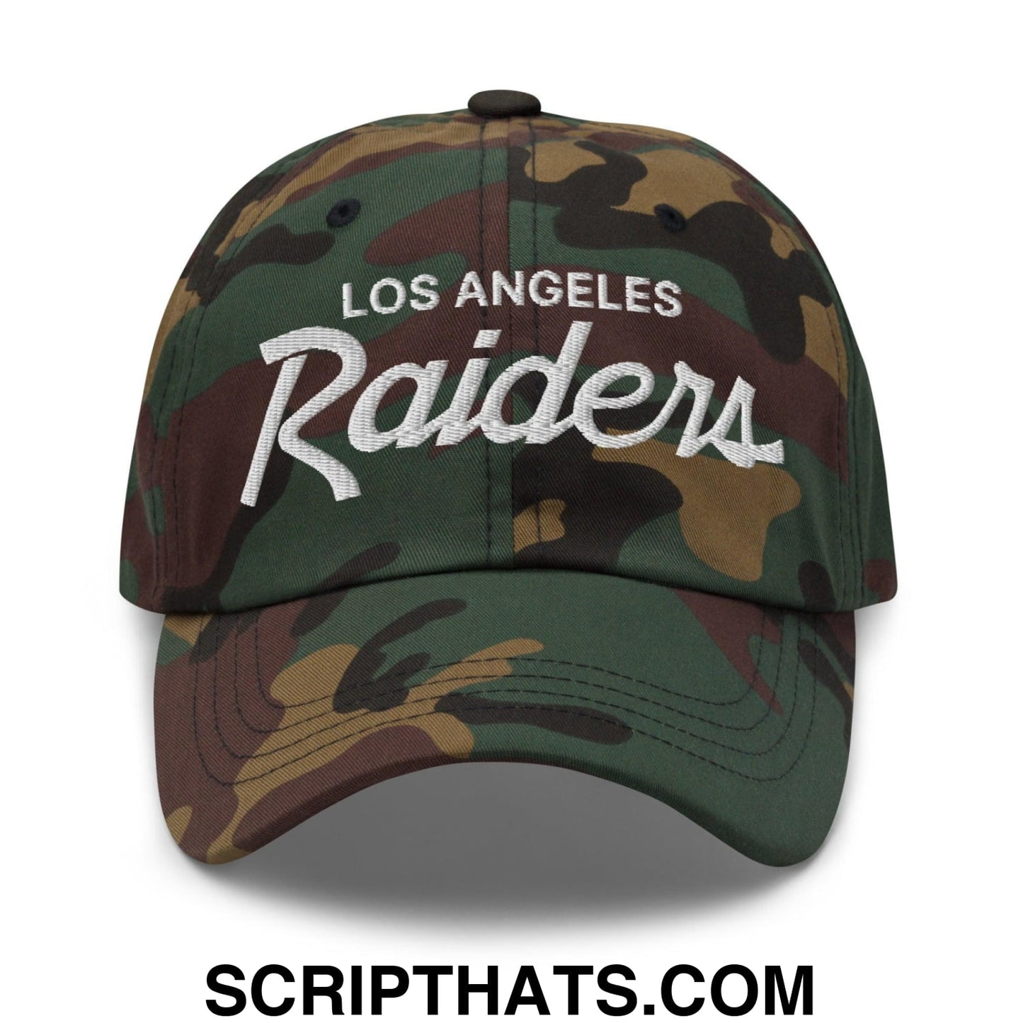 Los Angeles LA Raiders Vintage Sports Script Embroidered Dad Hat Green Camo