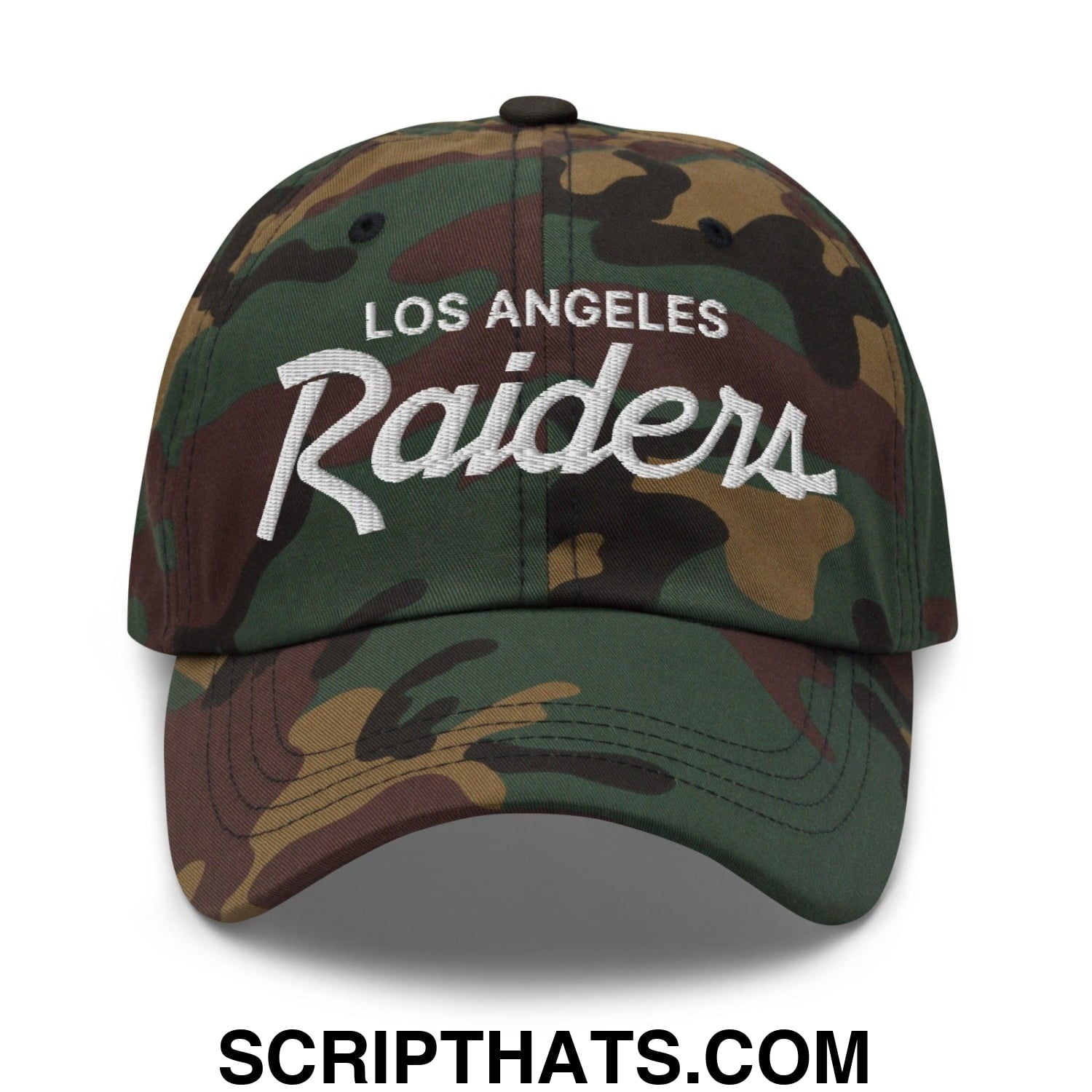 Los Angeles LA Raiders Vintage Sports Script Embroidered Dad Hat Green Camo