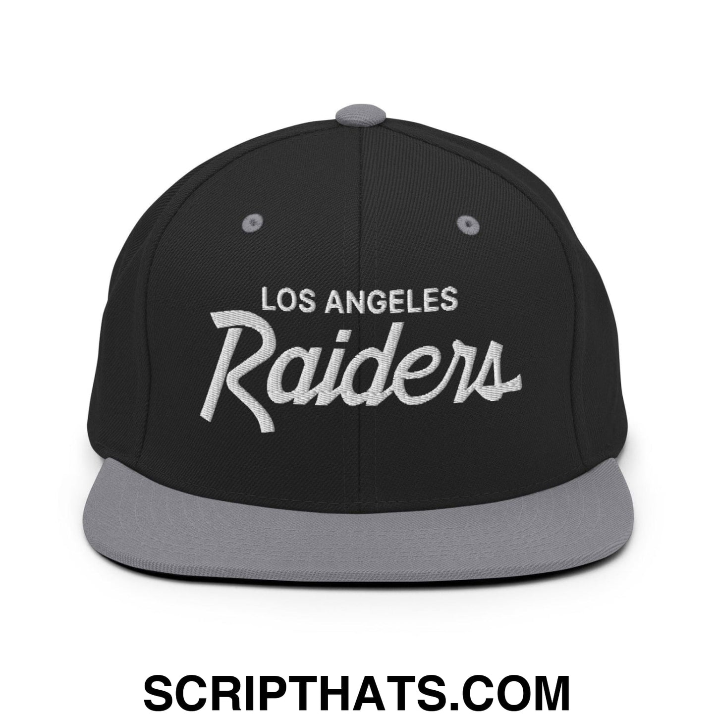 Los Angeles LA Raiders Vintage Sports Script Embroidered Flat Bill Brim Snapback Hat Black Silver