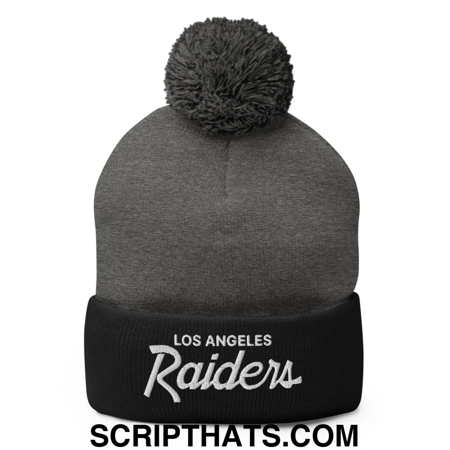 Los Angeles LA Raiders Vintage Sports Script Embroidered Knit Pom Pom Beanie Dark Heather Grey Black