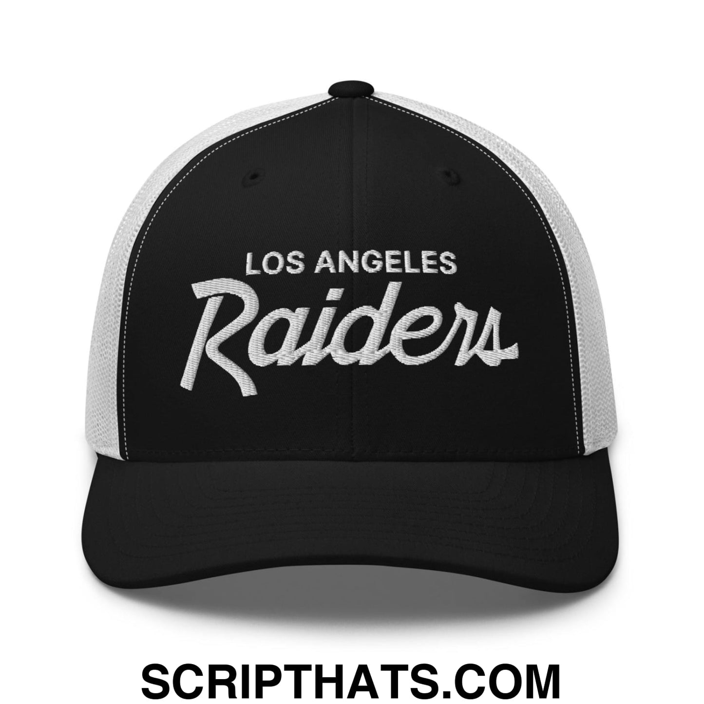 Los Angeles LA Raiders Vintage Sports Script Embroidered Mesh Trucker Hat Black White