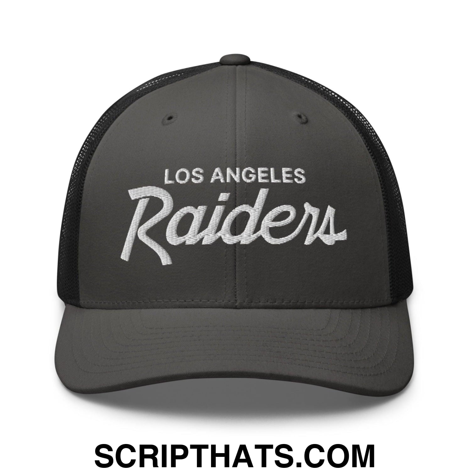 Los Angeles LA Raiders Vintage Sports Script Embroidered Mesh Trucker Hat Charcoal Black