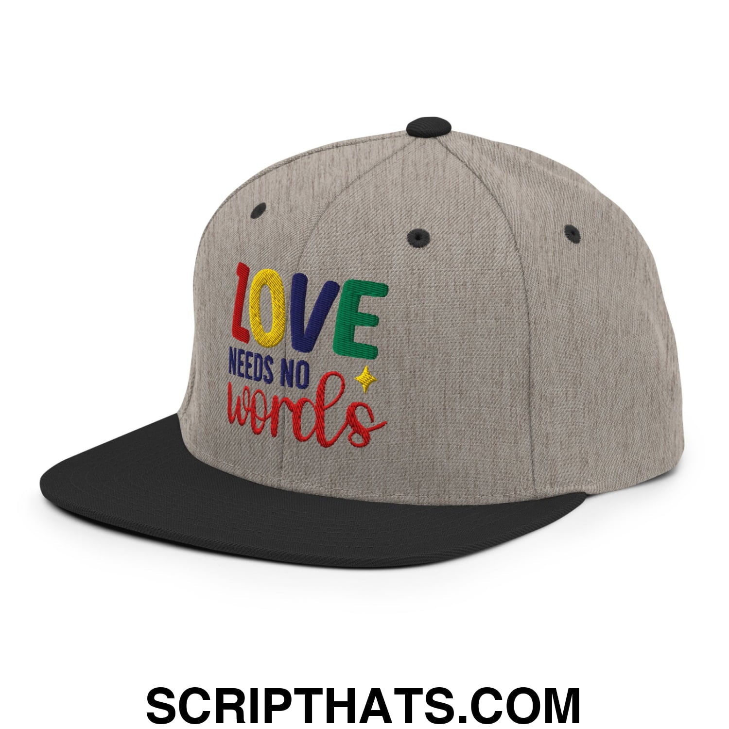 Love Needs No Words Autism Awareness Embroidered Flat Bill Brim Snapback Hat Heather Black