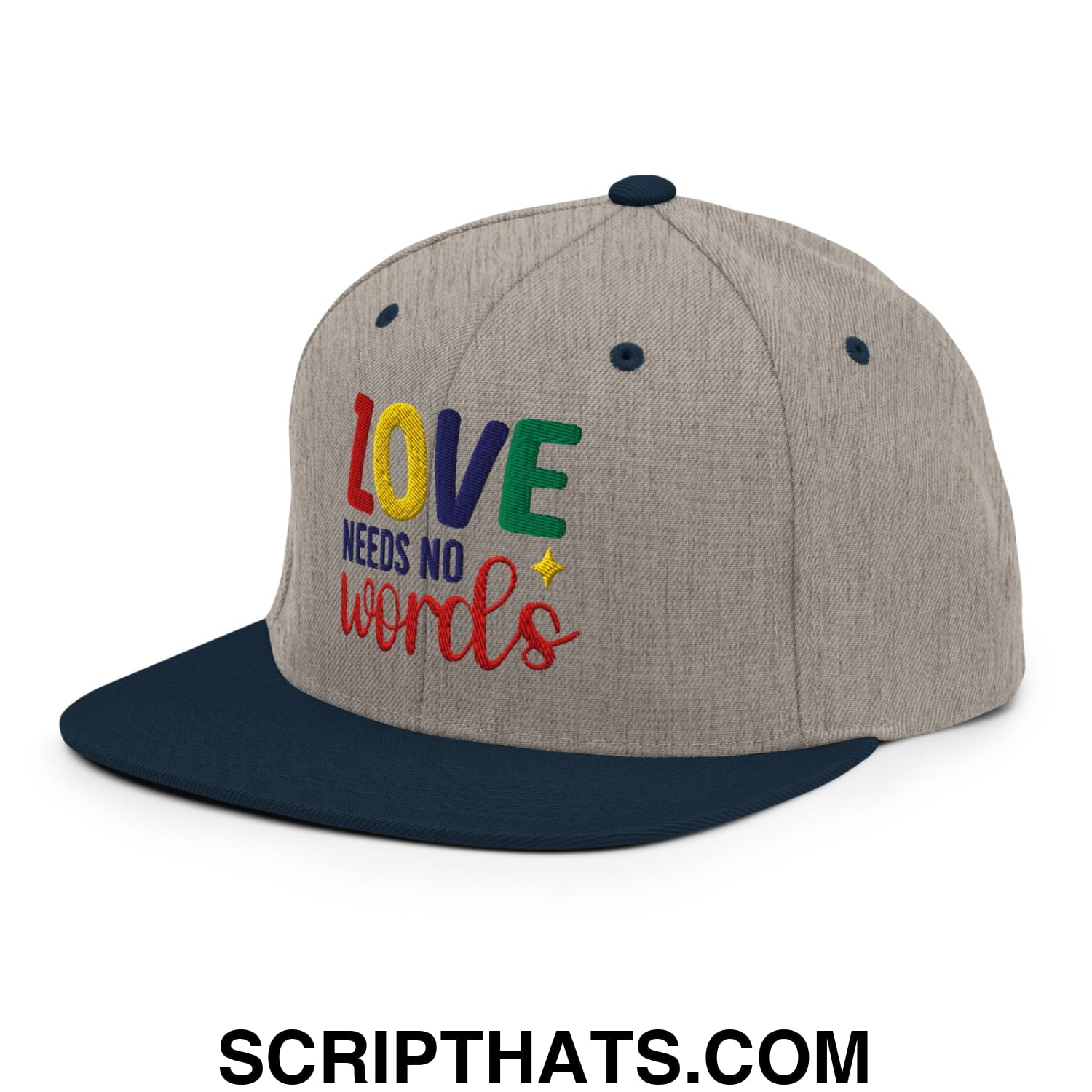 Love Needs No Words Autism Awareness Embroidered Flat Bill Brim Snapback Hat Heather Grey Navy