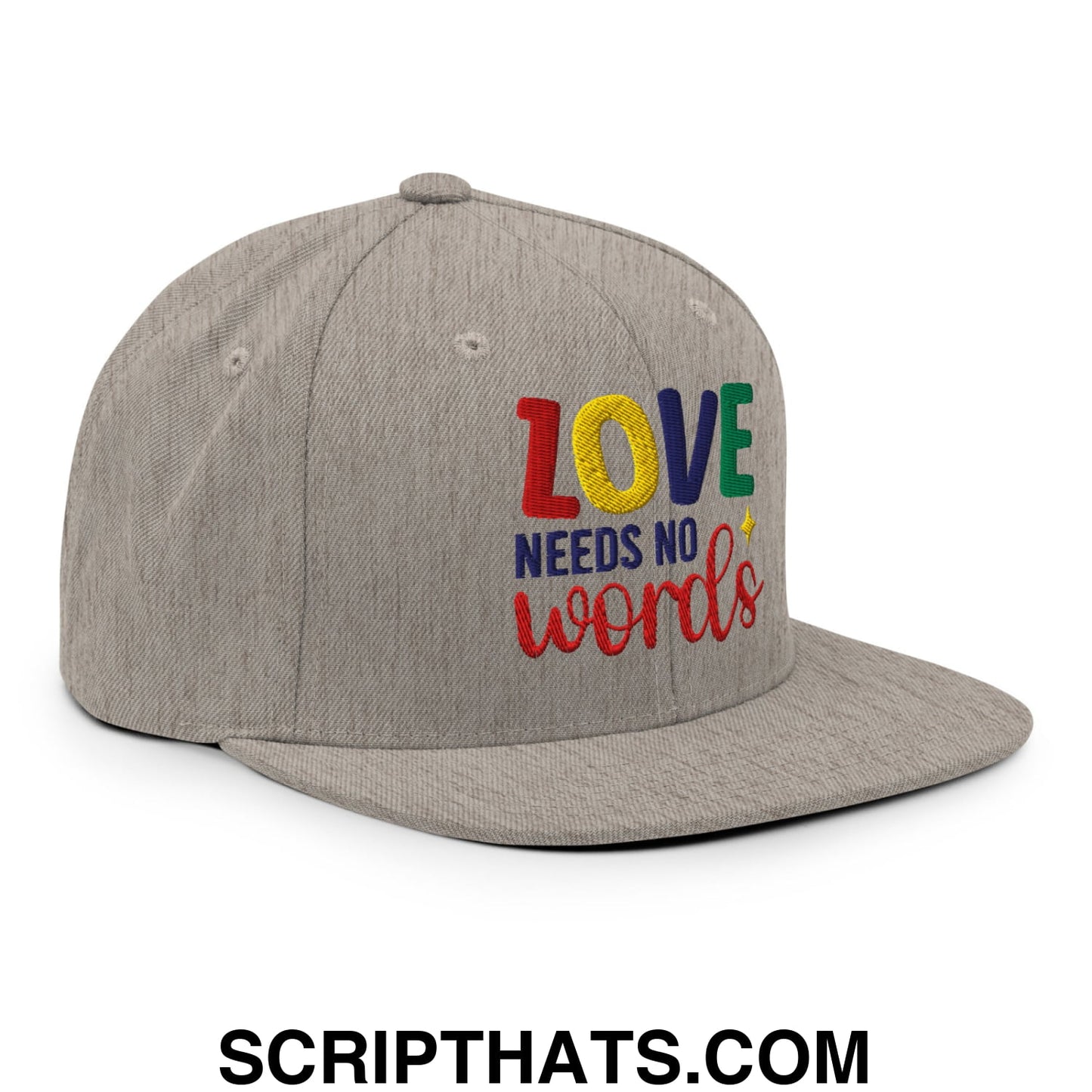 Love Needs No Words Autism Awareness Embroidered Flat Bill Brim Snapback Hat Heather Grey