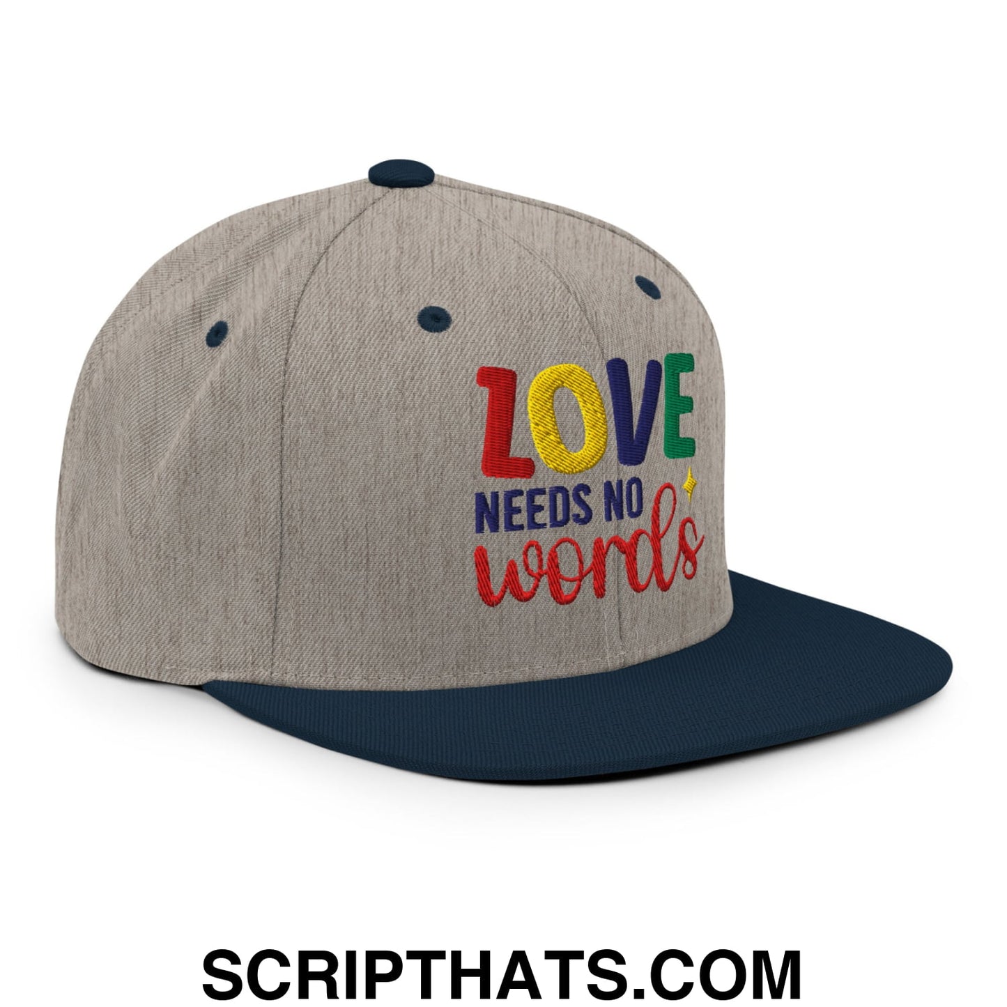 Love Needs No Words Autism Awareness Embroidered Flat Bill Brim Snapback Hat Heather Grey Navy