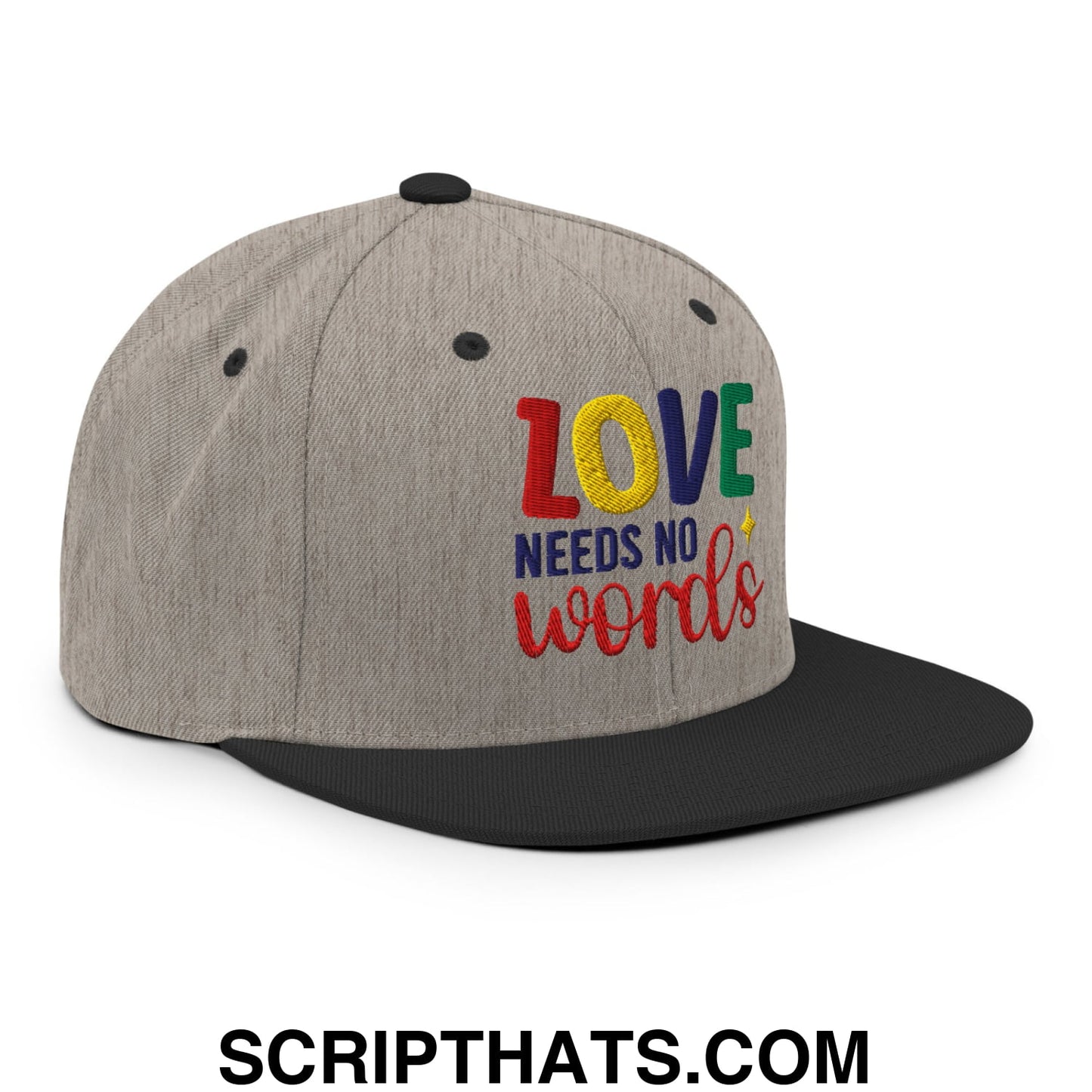 Love Needs No Words Autism Awareness Embroidered Flat Bill Brim Snapback Hat Heather Black