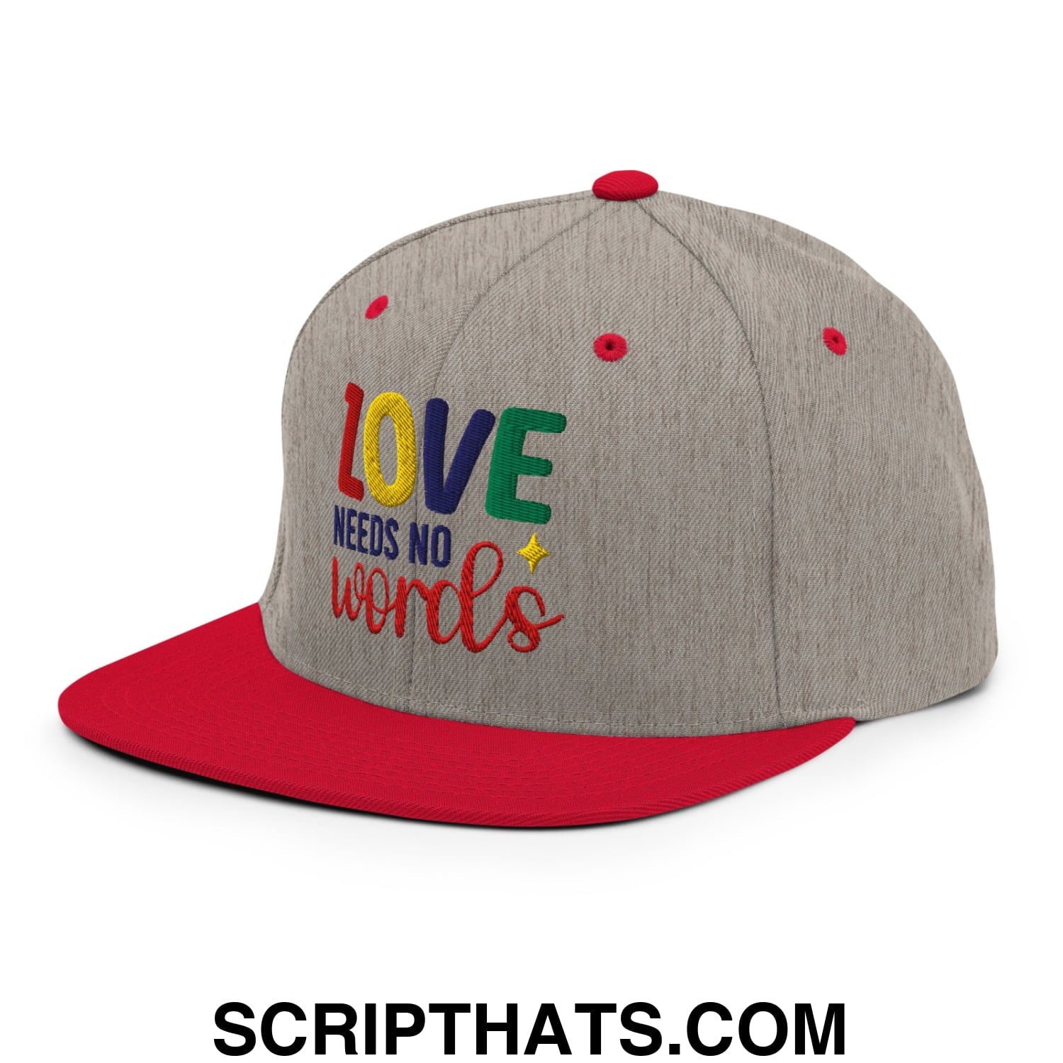 Love Needs No Words Autism Awareness Embroidered Flat Bill Brim Snapback Hat Heather Grey Red
