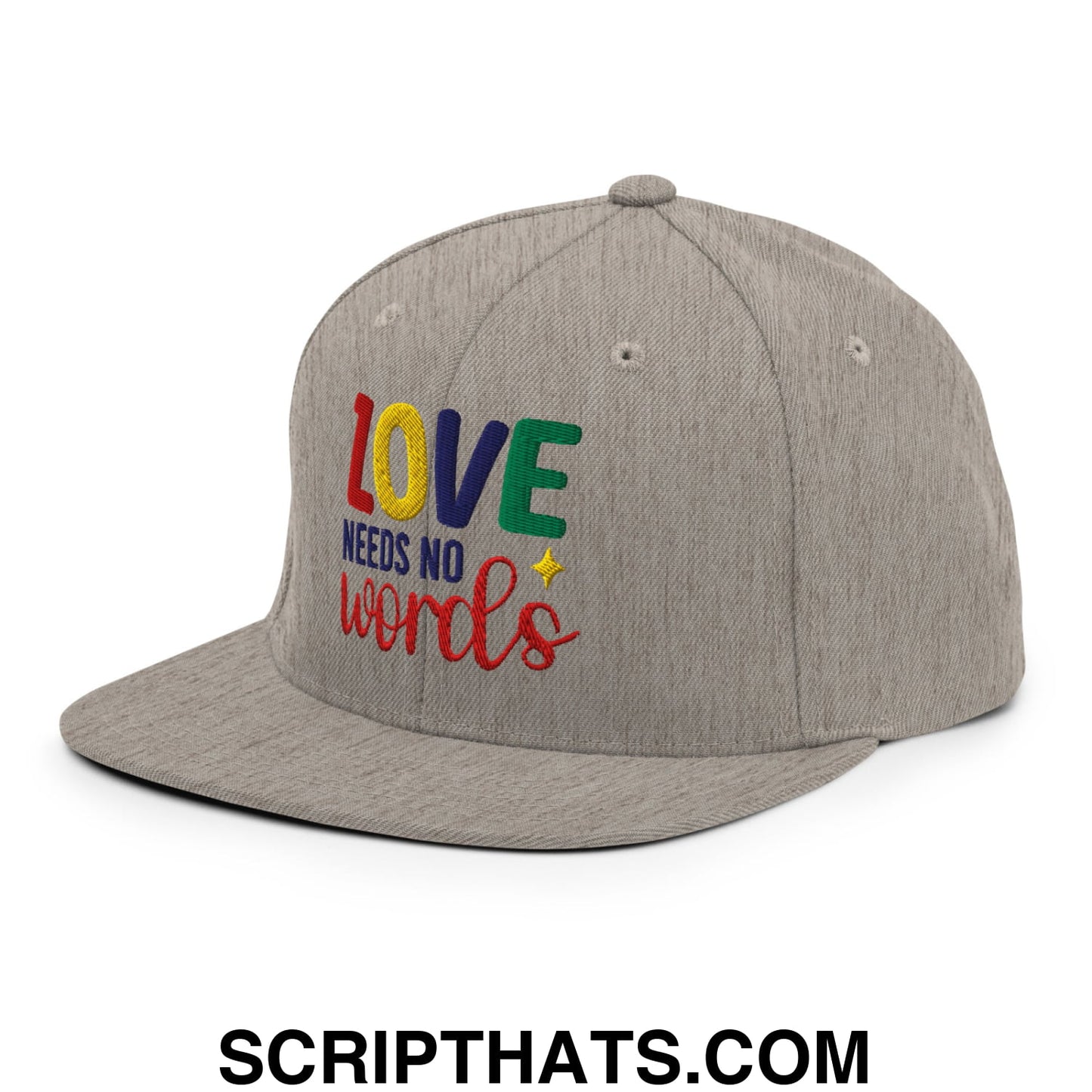 Love Needs No Words Autism Awareness Embroidered Flat Bill Brim Snapback Hat Heather Grey