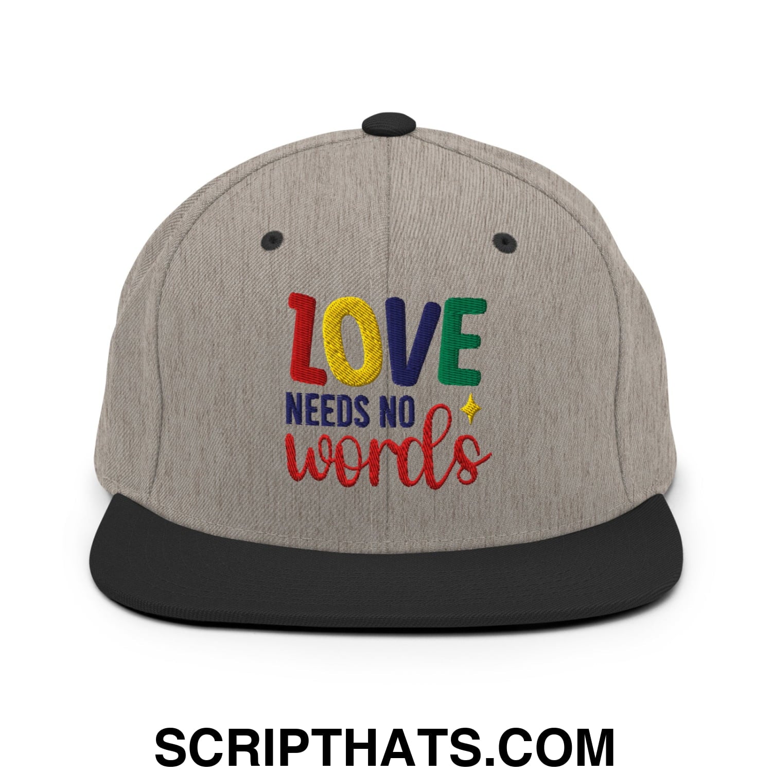 Love Needs No Words Autism Awareness Embroidered Flat Bill Brim Snapback Hat Heather Black