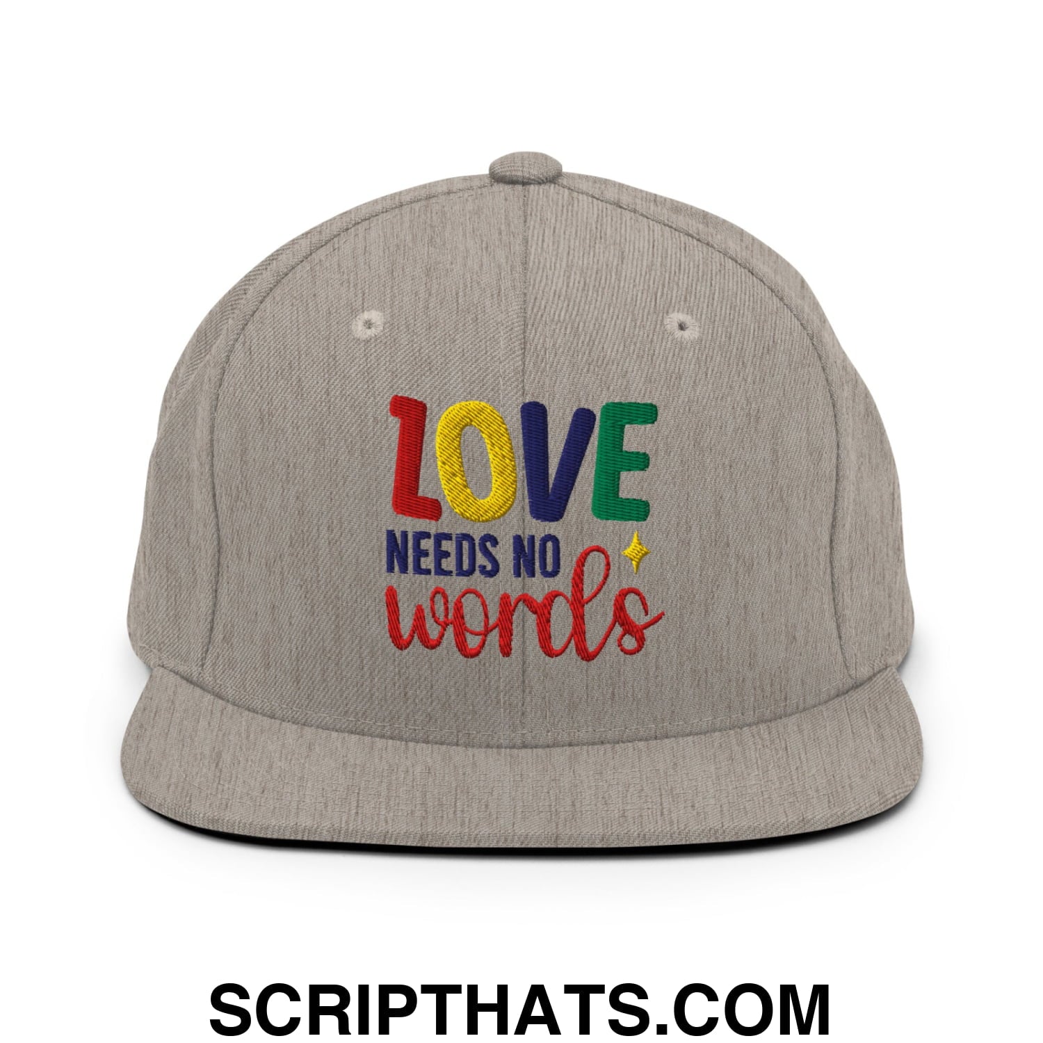 Love Needs No Words Autism Awareness Embroidered Flat Bill Brim Snapback Hat Heather Grey