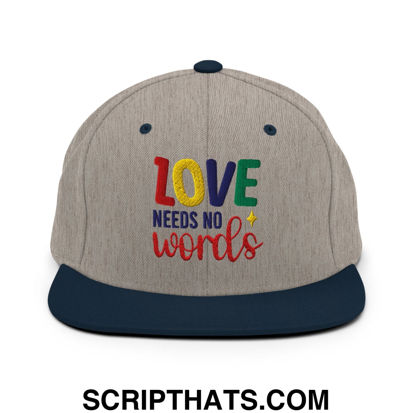 Love Needs No Words Autism Awareness Embroidered Flat Bill Brim Snapback Hat Heather Grey Navy