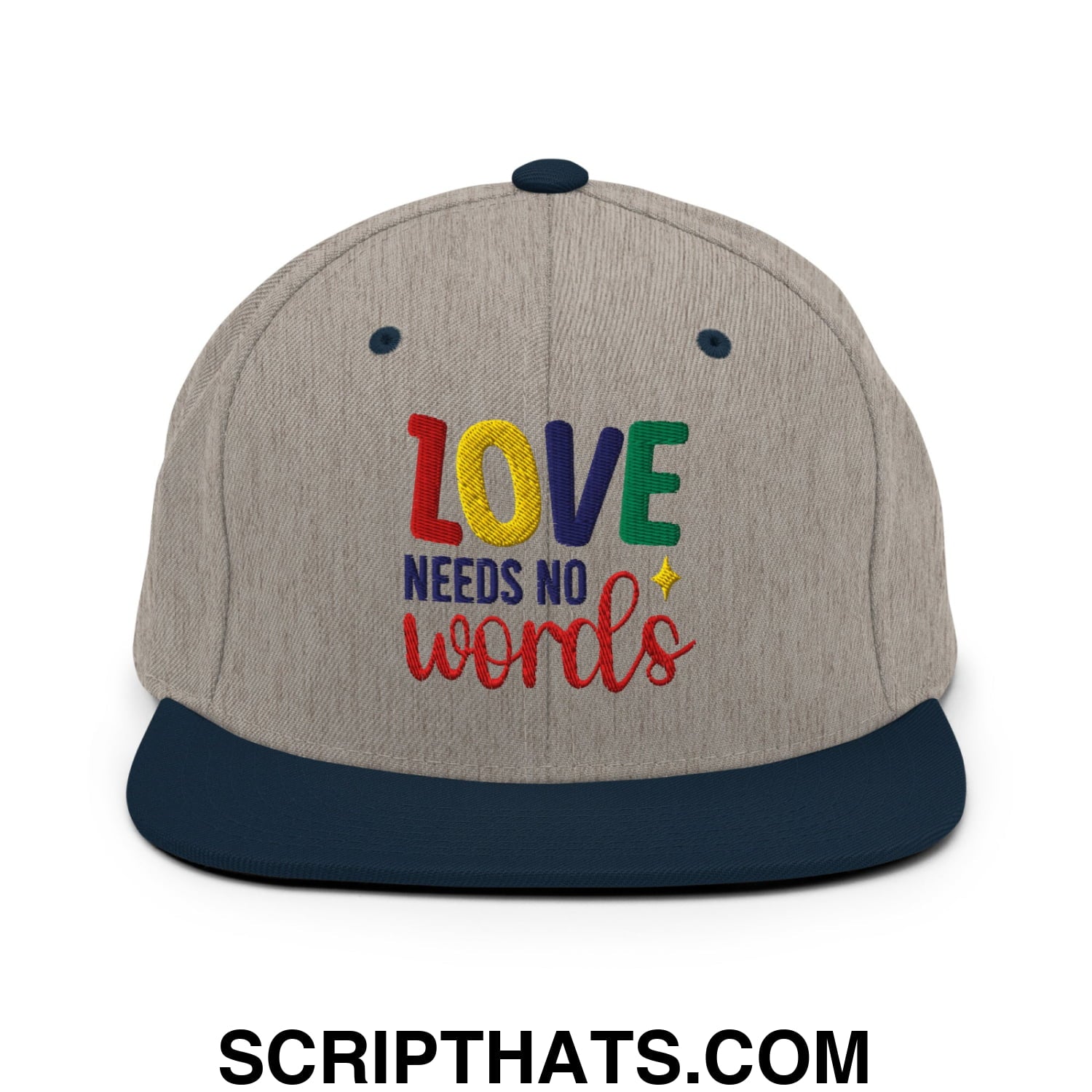 Love Needs No Words Autism Awareness Embroidered Flat Bill Brim Snapback Hat Heather Grey Navy
