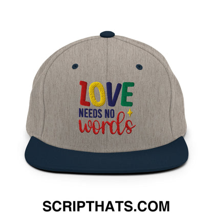 Love Needs No Words Autism Awareness Embroidered Flat Bill Brim Snapback Hat Heather Grey Navy