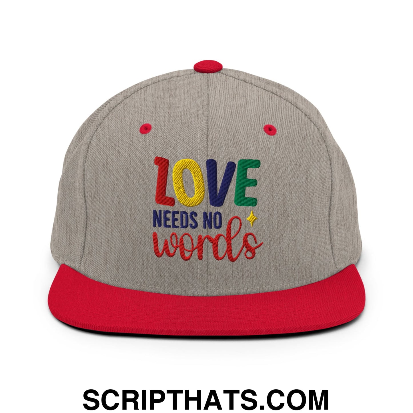 Love Needs No Words Autism Awareness Embroidered Flat Bill Brim Snapback Hat Heather Grey Red