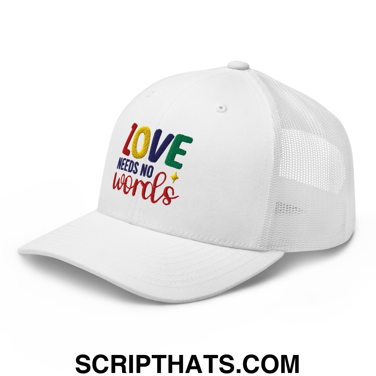 Love Needs No Words Autism Awareness Embroidered Mesh Trucker Hat White