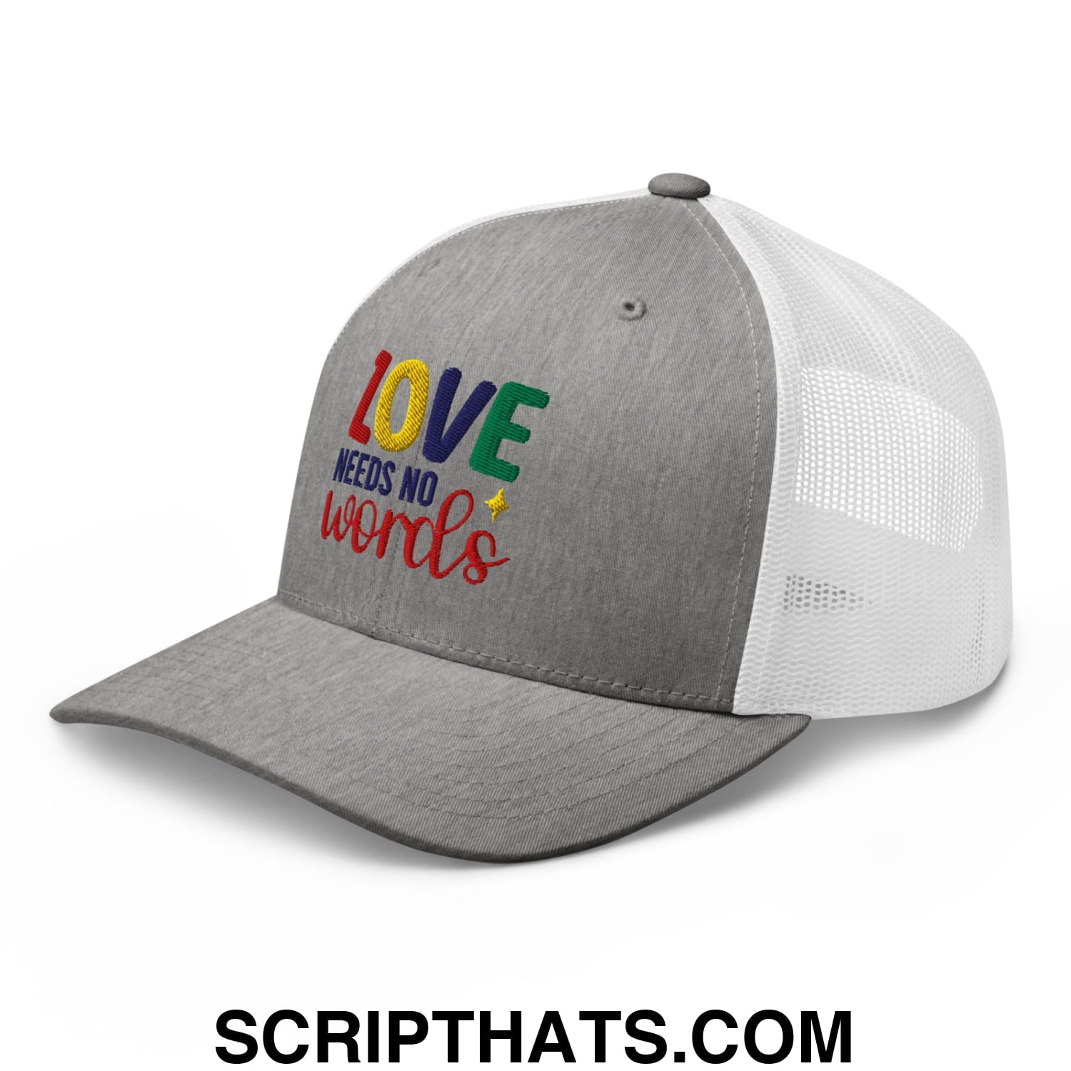 Love Needs No Words Autism Awareness Embroidered Mesh Trucker Hat Heather Grey White