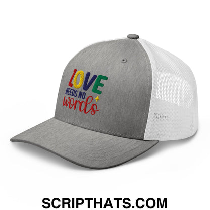 Love Needs No Words Autism Awareness Embroidered Mesh Trucker Hat Heather Grey White