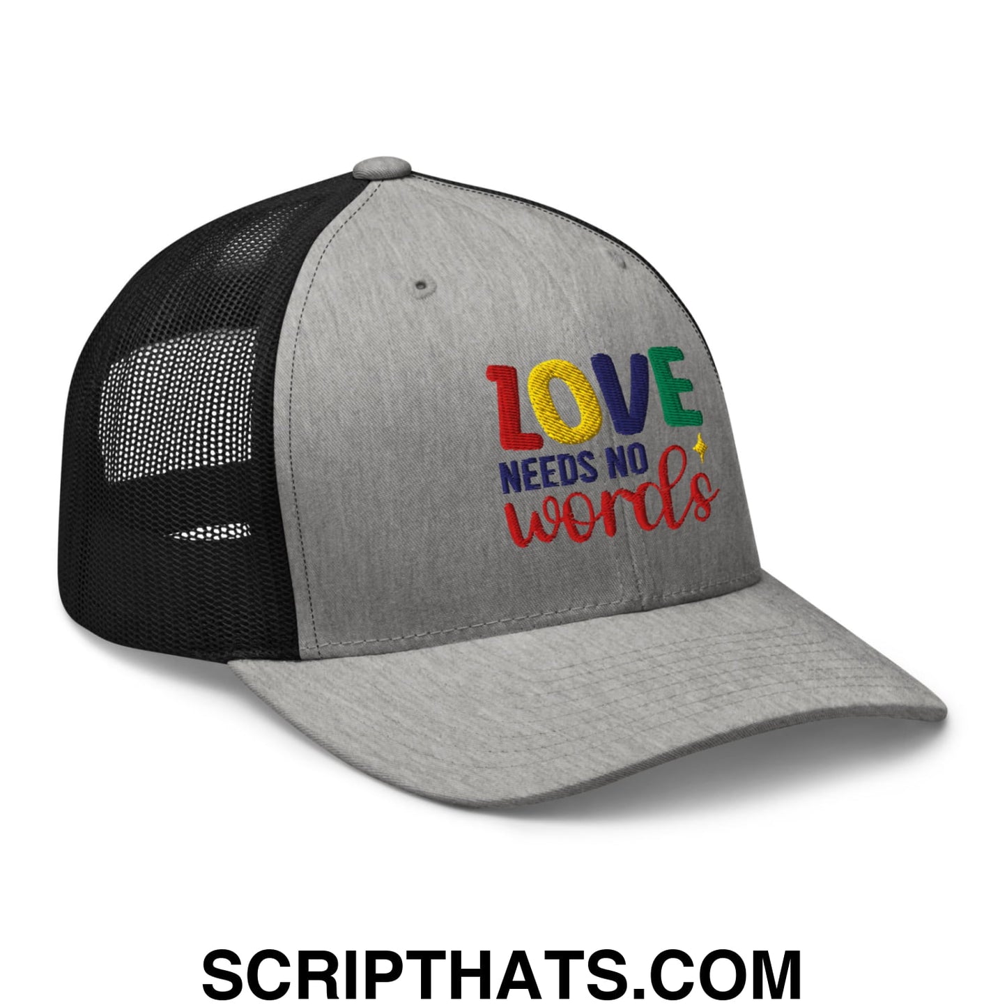 Love Needs No Words Autism Awareness Embroidered Mesh Trucker Hat Heather Black