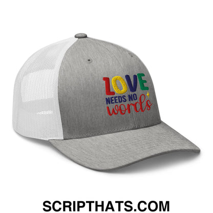 Love Needs No Words Autism Awareness Embroidered Mesh Trucker Hat Heather Grey White