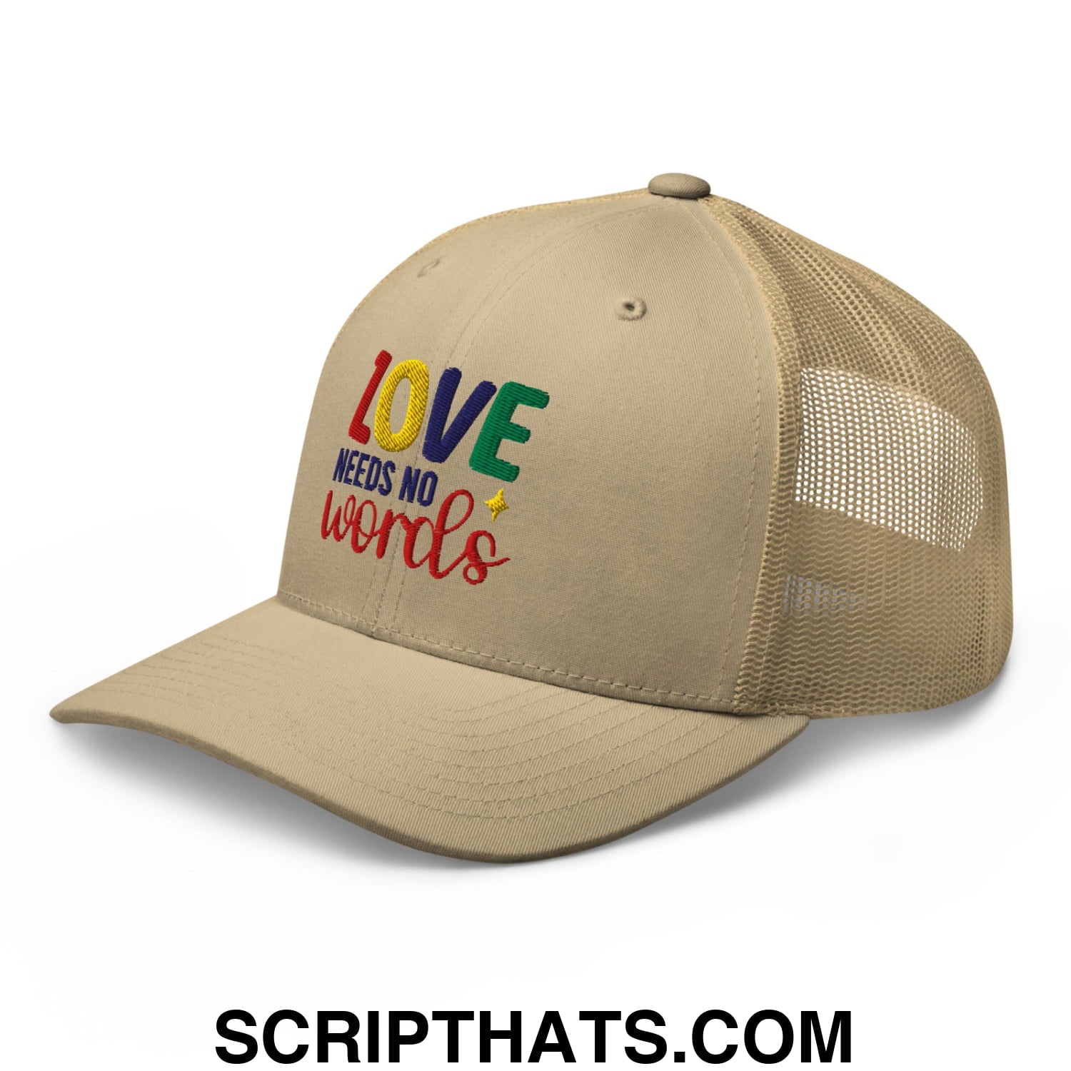 Love Needs No Words Autism Awareness Embroidered Mesh Trucker Hat Khaki