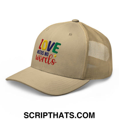 Love Needs No Words Autism Awareness Embroidered Mesh Trucker Hat Khaki