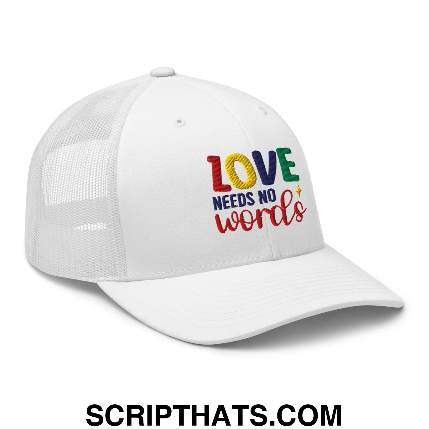 Love Needs No Words Autism Awareness Embroidered Mesh Trucker Hat White