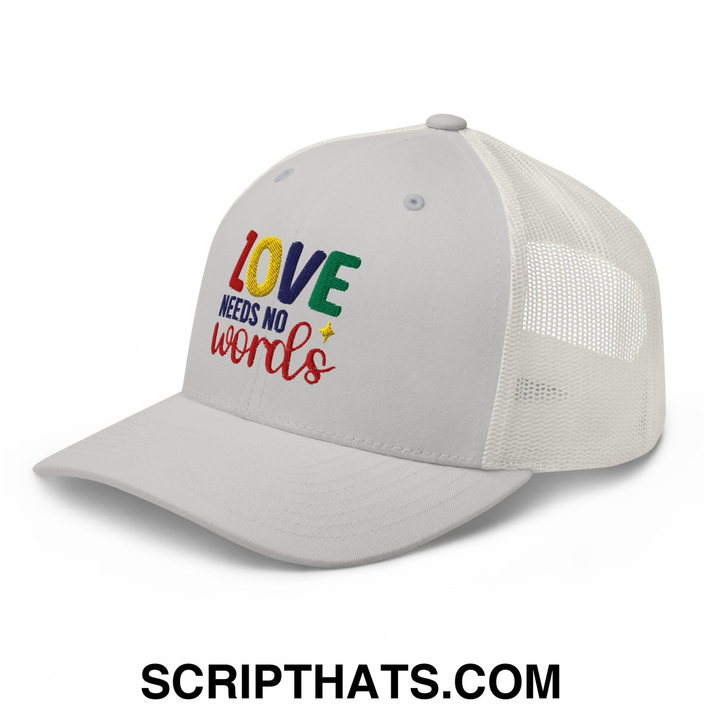 Love Needs No Words Autism Awareness Embroidered Mesh Trucker Hat Silver