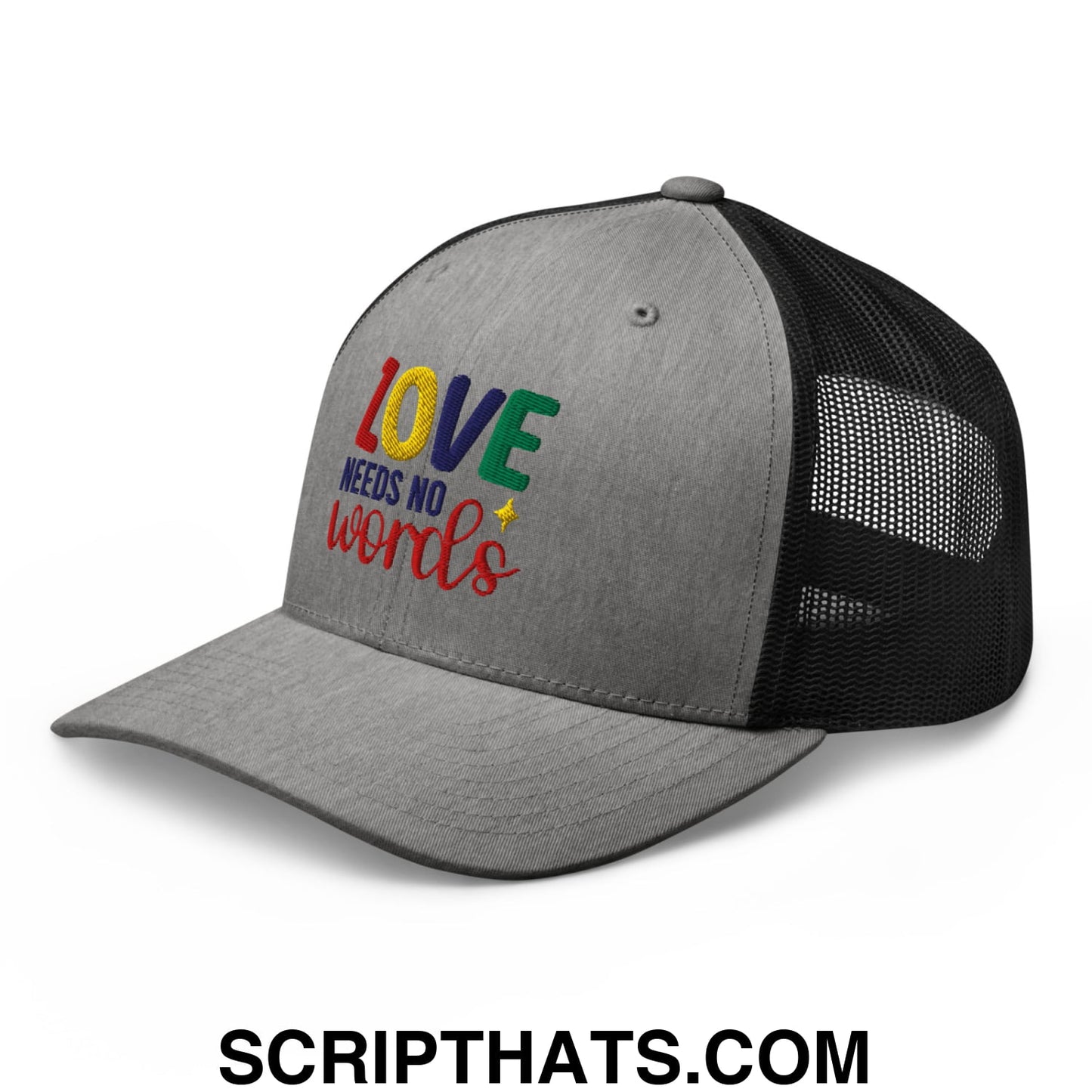 Love Needs No Words Autism Awareness Embroidered Mesh Trucker Hat Heather Black